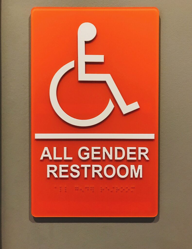 ADA braille signage of an all-gender bathroom.