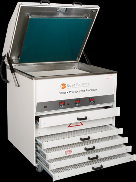 The Orbital-X Processor with five drawers for simultaneous photopolymer sign production.