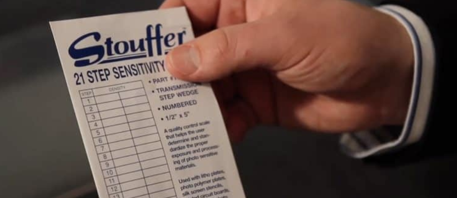 A visual representation of the Stouffer Scale used for measuring UV output in photopolymer production, ensuring ADA compliance in signage manufacturing.