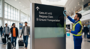 Worker cleans chemical-resistant braille signs at an airport