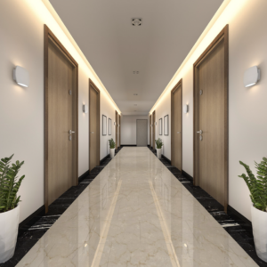 Hotel hallway in need of room numbering with durable photopolymer braille signs.