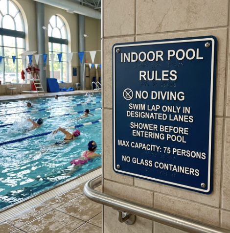 Novacryl EX Series photopolymer sign built for a humid indoor pool area.