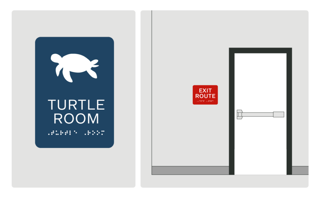 ADA signs that must meet visual and tactile standards. One conference room sign with a pictogram that requires text and braille. One EXIT sign that marks an exit passageway.