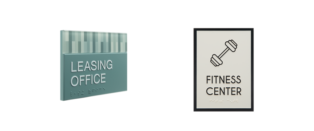 two ada signs, a leasing office and a fitness center